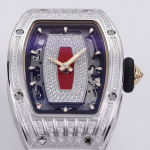 <span class=keywords><strong>Montre</strong></span> mécanique automatique de luxe en forme de tonneau de vin 0701 incrustée de diamants, cadran ajouré rouge pour femmes, idéale pour les rendez-vous et les dîners - Product Image 2