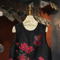 Gilet polyvalent noir en soie de mûrier brodé 'Butterfly Loves Flower' à col rond et simple boutonnage pour femme, modèle 5854