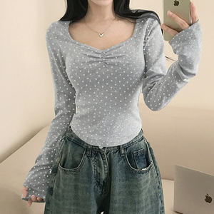 Camiseta de manga larga con bloques de color y lunares para mujer, cuello en V, plisada, ajustada, informal, básica - Product Image 5