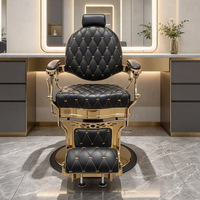 Fauteuil de barbier hydraulique professionnel robuste, pivotant à 360°, inclinable, en cuir noir, avec accoudoirs dorés de luxe, pour salon de coiffure