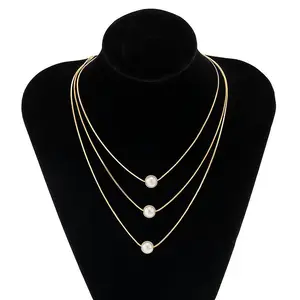 Fashion multi-layer gold thin snake chain necklace 3 layer Chain white pearl pendant for women girls