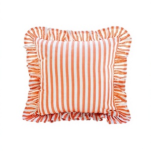 <b>Orange</b> Striped Cotton <b>Throw</b> Pillow Cover with Ruffle Trim Rectangle Shape Washable Envelope Closure Classic Decorative Pillow - Product Image 1