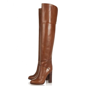 Bottes de chevalier en cuir marron style romain pour hommes et femmes, à talon épais, bout rond, découpe arrière, confortables, bottes d'hiver montantes au-dessus du genou - Product Image 1