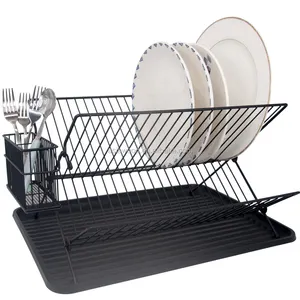 Black powder spraying wire 2 layer bamboo dish drainer storage holder rack