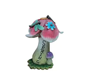 Resin Flower Mushroom figurine with Dragonfly on it, Polyresin garden Mushroom