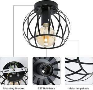 Lampada a Sospensione Industriale Moderna Nera Semi-Incasso in <span class=keywords><strong>Metallo</strong></span> Stile Watermelon E27 per Illuminazione Casa Soggiorno Camera da Letto - Product Image 1