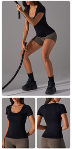 Nuovo Logo personalizzato a coste sport a maniche corte t-shirt da donna sottile con collo quadrato sportivo Top Yoga con imbottito - Product Image 4