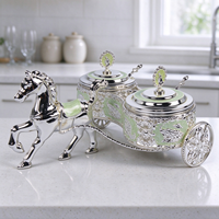 Chariot de cheval décoratif personnalisable en argent avec 2 boîtes de rangement et support pour sachets de sucre pour comptoir