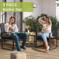 Ensemble bistrot 3 pièces en osier moderne pour extérieur, 2 chaises et table basse, pour balcon, véranda, jardin, cour, bord de piscine, cadre noir et coussins