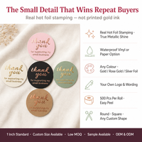 Autocollant UV auto-adhésif en gros, impression personnalisée 'Merci', autocollant en papier étanche avec feuille d'or rose pour petites entreprises