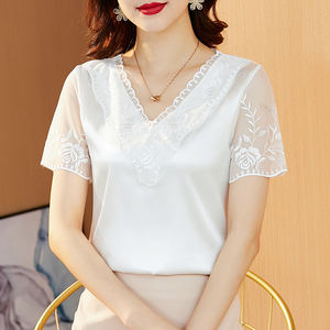 Blusa <span class=keywords><strong>de</strong></span> Encaje Satinado <span class=keywords><strong>de</strong></span> Manga Corta a la <span class=keywords><strong>Moda</strong></span>, Blusa con Bordado, Tops <span class=keywords><strong>de</strong></span> Verano <span class=keywords><strong>2023</strong></span>, Ropa Elegante para Mujer Joven 6063 # - Product Image 3