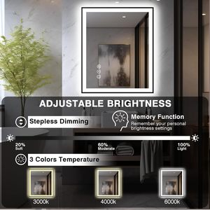 Miroir de salle de bain LED 32x36 - Bordure noire, rétroéclairé, anti-buée, avec lumières, gradation progressive - Product Image 6