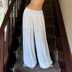 Street Casual Solid Color Drape Linen Tie Waist Loose Jogger Woven <b>Pants</b> Fashion Versatile Relaxed Home Lounge <b>Pants</b> - Product Image 2