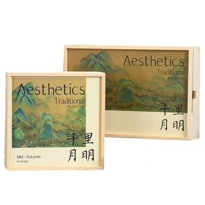 Solid Wood Mooncake <b>Box</b> Square Red With Moon And Pagoda Design For Mid Autumn Festival <b>Gift</b> Packaging 4 Or 6 Piece Empty <b>Box</b> - Product Image 4