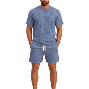 Ensemble short 2 pièces unisexe, col rond, manches courtes, imprimé bleu uni, vêtements décontractés d'été, 95% coton extensible, au-dessus du genou - Product Image 1