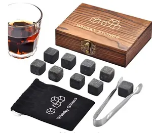 Juego de regalo de piedras para whisky, bolsa de 9 rocas de whisky de granito, cubitos de hielo de refrigeración reutilizables, paquete de 9 rocas de refrigeración de granito