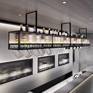 Suspension LED moderne <span class=keywords><strong>pour</strong></span> <span class=keywords><strong>bar</strong></span> à vin avec porte-verres, étagère à bouteilles suspendue en métal noir <span class=keywords><strong>pour</strong></span> îlot de cuisine ou <span class=keywords><strong>bar</strong></span> - Product Image 3