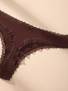 Culotte string côtelée marron en coton uni pour femme, douce, respirante, avec dentelle, taille basse, grandes tailles, vente en gros - Product Image 4