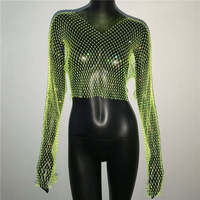 Nouveau haut résille à manches longues maille strass chaud fille T-shirt doux et épicé Style résille haut