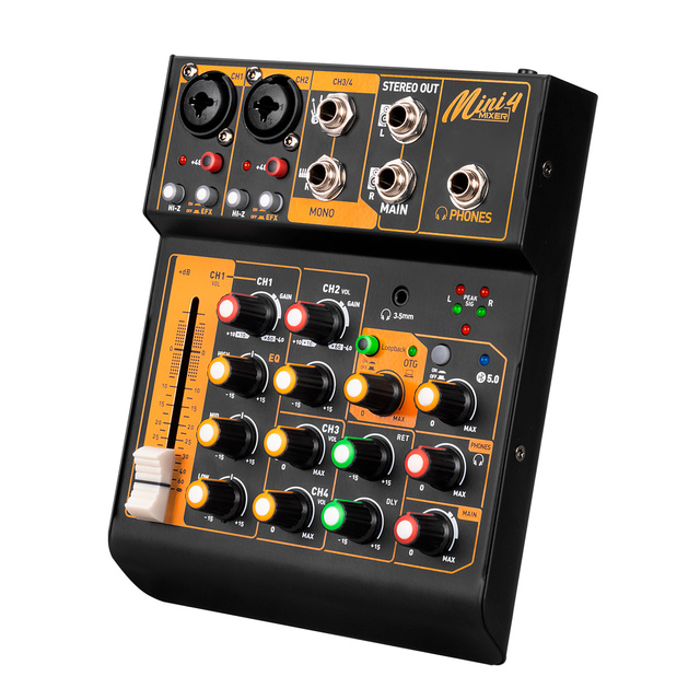 Professional Audio Equipment 4 Channels BT USB Mini Metal Sound Mixing Console Audio Mixer Amplifier Multiple Sound Effects for