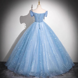 Blue Off-Shoulder Ball Gown Empire Waist Sparkle Tulle Graduation Evening Dress For Women Host Vocal Exam Dress - Product Image 4