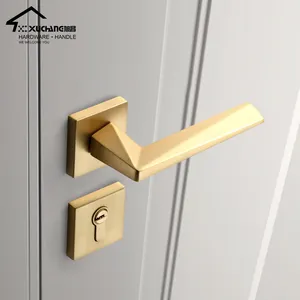 High Quality Modern Simple square Zinc Brushed Brass Bedroom Door lock Lever Handle Set