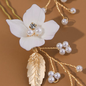 Romantiche forcine fiore in ceramica oro 6 pezzi set lega foglia ornamenti per capelli Vintage imitazione perla per capelli da sposa spilla - Product Image 6