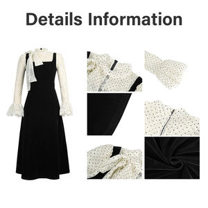 فستان ZYHT 21925 أنيق من المخمل الأسود بطول متوسط مع بلوزة شيفون منقطة، فساتين نسائية بربطة عنق وياقة عالية - Product Image 4