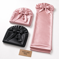 Bonnet de nuit long en soie de mûrier double couche avec ruban de 68 cm, noir et rose, vente en gros, marque privée, OEM, ODM