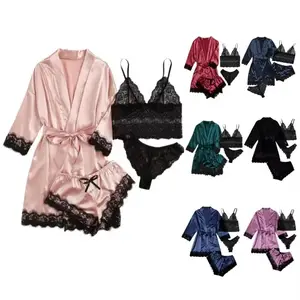 Baju tidur wanita Lingerie seksi Set jubah renda piyama sutra pakaian tidur empat potong baju tidur Satin Set piyama untuk wanita