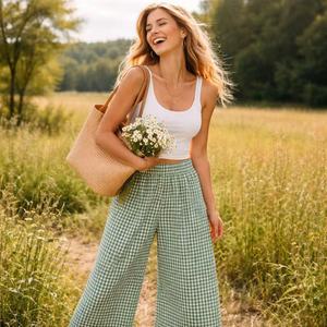 Culottes Personalizzate da Donna in Puro <span class=keywords><strong>Lino</strong></span> <span class=keywords><strong>Verde</strong></span> a Quadretti con Vita Elastica, <span class=keywords><strong>Pantaloni</strong></span> Estivi Casual a Gamba Larga - Product Image 4