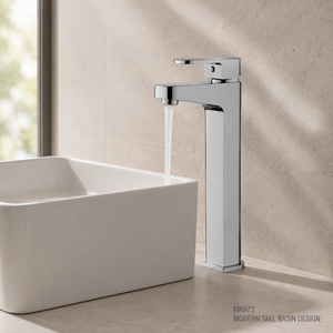 Rubinetto Miscelatore Moderno Quadrato per Lavabo <span class=keywords><strong>Alto</strong></span>, Cromato Lucido, Monocomando, per Lavabo da Appoggio - Product Image 1