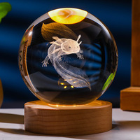 Lampe de table en cristal sculpté avec LED USB, méduse, lune, boule de cristal 3D, veilleuse avec base en bois