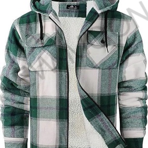 Custom Men's Faux Leather Flannel Hooded Jacket Winter Warm Coat with Plaid Zipper Sherpa Hood Fleece Lined Flannel Shirt - Product Image 5