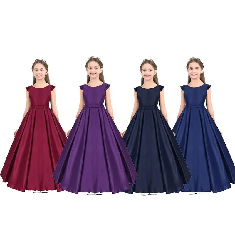 Satin Ruffled Sleeves Bowknot Flower Formal Dress Princess Pageant Wedding Bridesmaid Party Dress For Girl