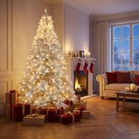 Sapin de Noël artificiel floqué de 2,1 m pré-éclairé avec lumières LED blanc chaud, entièrement en PVC et PE, à charnières, pour décoration intérieure des fêtes