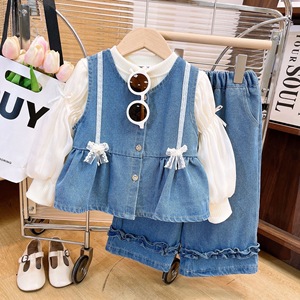 Conjuntos de Ropa para <span class=keywords><strong>Niñas</strong></span> de Primavera y Otoño, Chaleco Vaquero con Lazo de Encaje, Camisa de Manga Larga de Gasa y Jeans con Volantes, Conjuntos de 3 Piezas de Mezclilla para Niños - Product Image 2