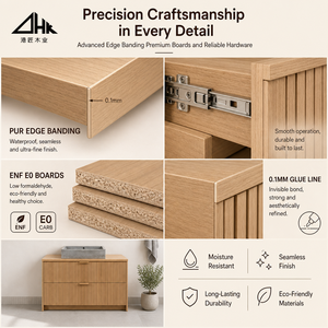 Meuble-lavabo <span class=keywords><strong>de</strong></span> salle <span class=keywords><strong>de</strong></span> bain en chêne avec façades <span class=keywords><strong>de</strong></span> tiroirs cannelées, vasque en ciment et plan <span class=keywords><strong>de</strong></span> travail en chêne massif pour hôtel, appartement, plat pack - Product Image 4