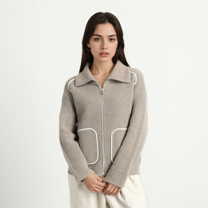 Áo khoác cardigan len dệt kim nữ cổ điển kẻ sọc có khóa kéo, chất liệu len 100%, dày dặn, ấm áp, có túi - Product Image 2