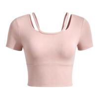 T-shirt de yoga pour femme Premium 2-en-1 à dos ouvert, col ras du cou, double couche, manches courtes, en Spandex/Polyester, coupe courte, ultra doux