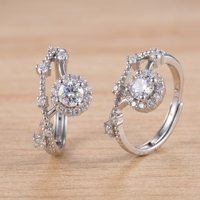 Bague double à double anneau en or blanc 18 carats avec diamant rond et zircon incrusté, style romantique, très vendue