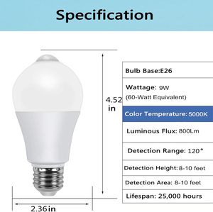 E27 B22 3W-9W Smart <b>Motion</b> <b>Sensor</b> Globe <b>LED</b> Bulb with CRI 80 6500K Cool White Plastic 50000 Hours Lifetime 1-Year Warranty - Product Image 4