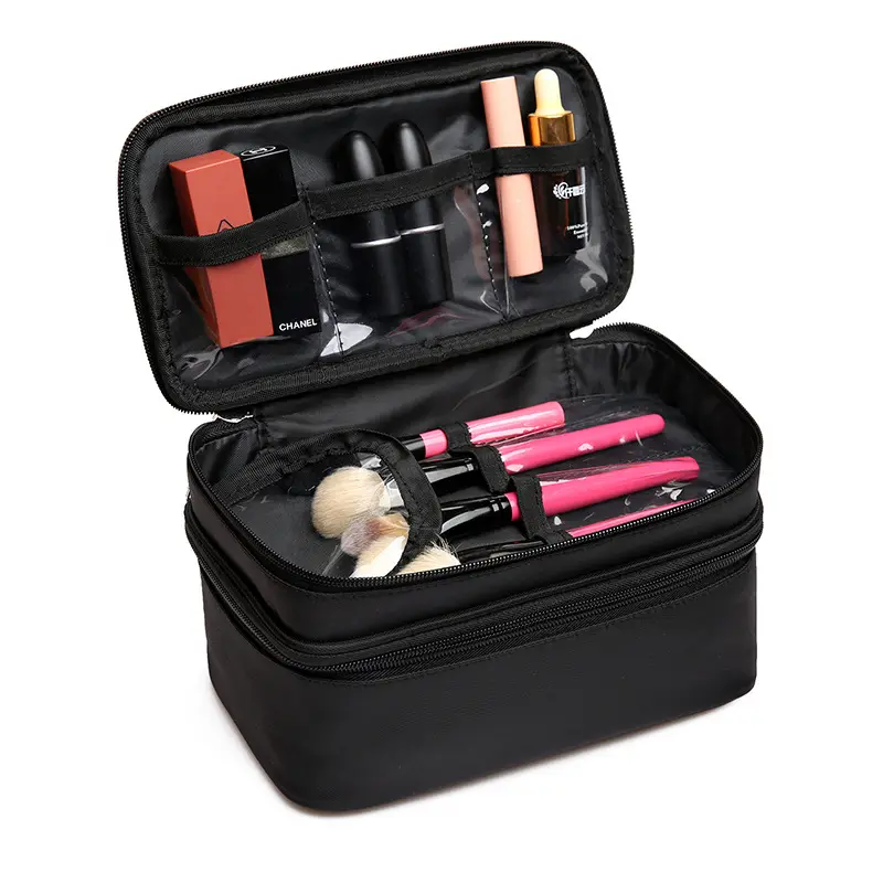 Portable Multi-コンパートメントWaterproof Travel Makeup Case With Handle Double Layer Custom Cosmetic Bag Outdoor With Brush Holder