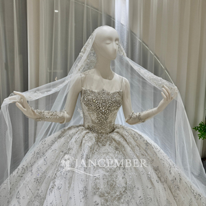 Lsoy063 Modern Luxury Crystal Beaded Wedding Dress Sweetheart <b>Silver</b> Pattern Ball Gown Chapel Train Floor-Length Backless Veil - Product Image 2
