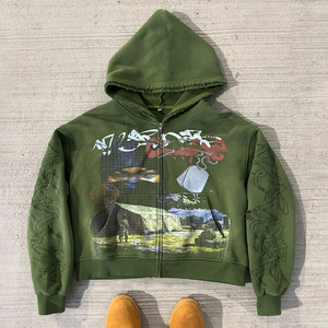 Tùy Chỉnh Boxy Quá Khổ Mens Hai Lớp Mui Xe Hoodie Dtg In Ấn Zip up Axit Rửa Áo Khoác Nhà Sản Xuất - Product Image 2