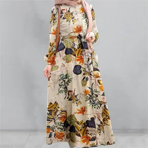 2023 새로운 디자인 꽃 패턴 여성 이슬람 맥시 드레스 Maghribi 이슬람 의류 버튼 abaya 두바이