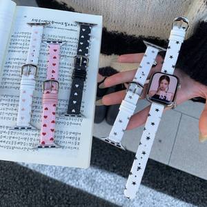 Bracelet de montre en tissu motif étoile et cœur 14 mm avec boucle ardillon pour Apple Watch, bracelet souple - Product Image 1