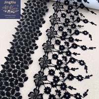 Bordure en dentelle brodée de feuilles florales noires avec franges en maille pour la décoration d'Abaya, Kaftan, Jalabiya