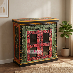Armoire de rangement vintage en bois massif peinte à la main avec porte sculptée, meuble artisanal pour cuisine et salon - Product Image 4