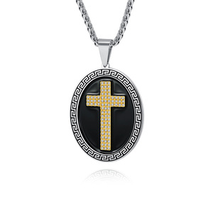 <b>Cross</b> Pendant Necklace For Men Stainless Steel Pave Setting Black Oval Design Hip Hop Style Sweater <b>Chain</b> - Product Image 1